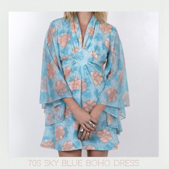 Vintage 70s Sky Blue Boho Dress - Picture 3 of 8